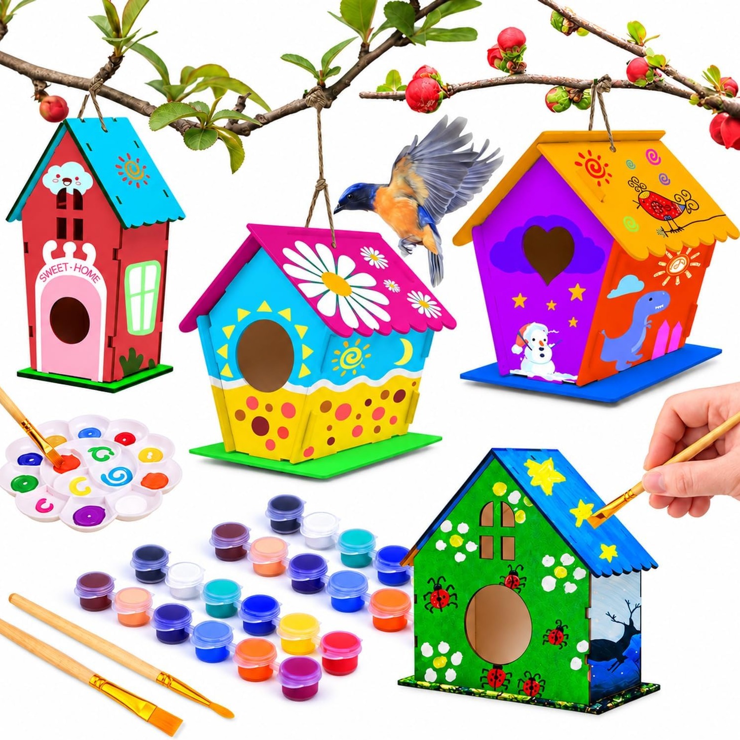 Birdhouse Painting Kit, 4 Pack Wooden Build and Paint Set