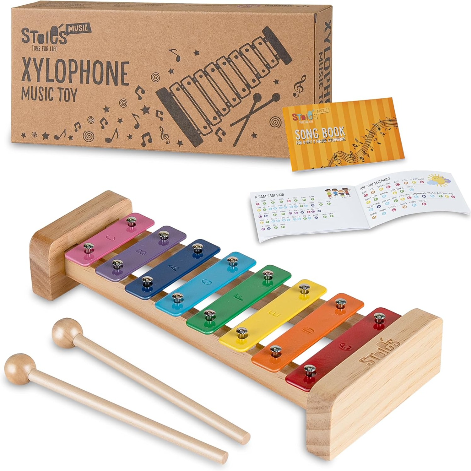 Rainbow 8-Note Wooden Xylophone with Mallets and Songbook