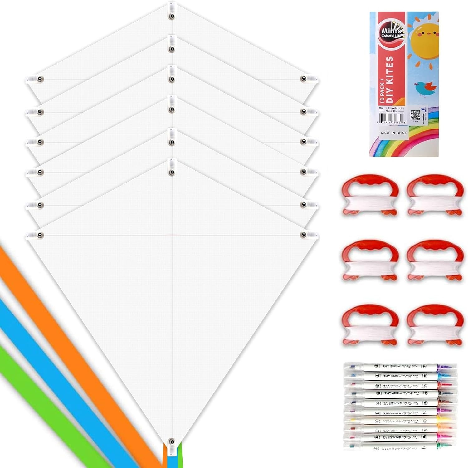 DIY Kite Making Kit (6 Pack Blank Diamond Kites with Markers)