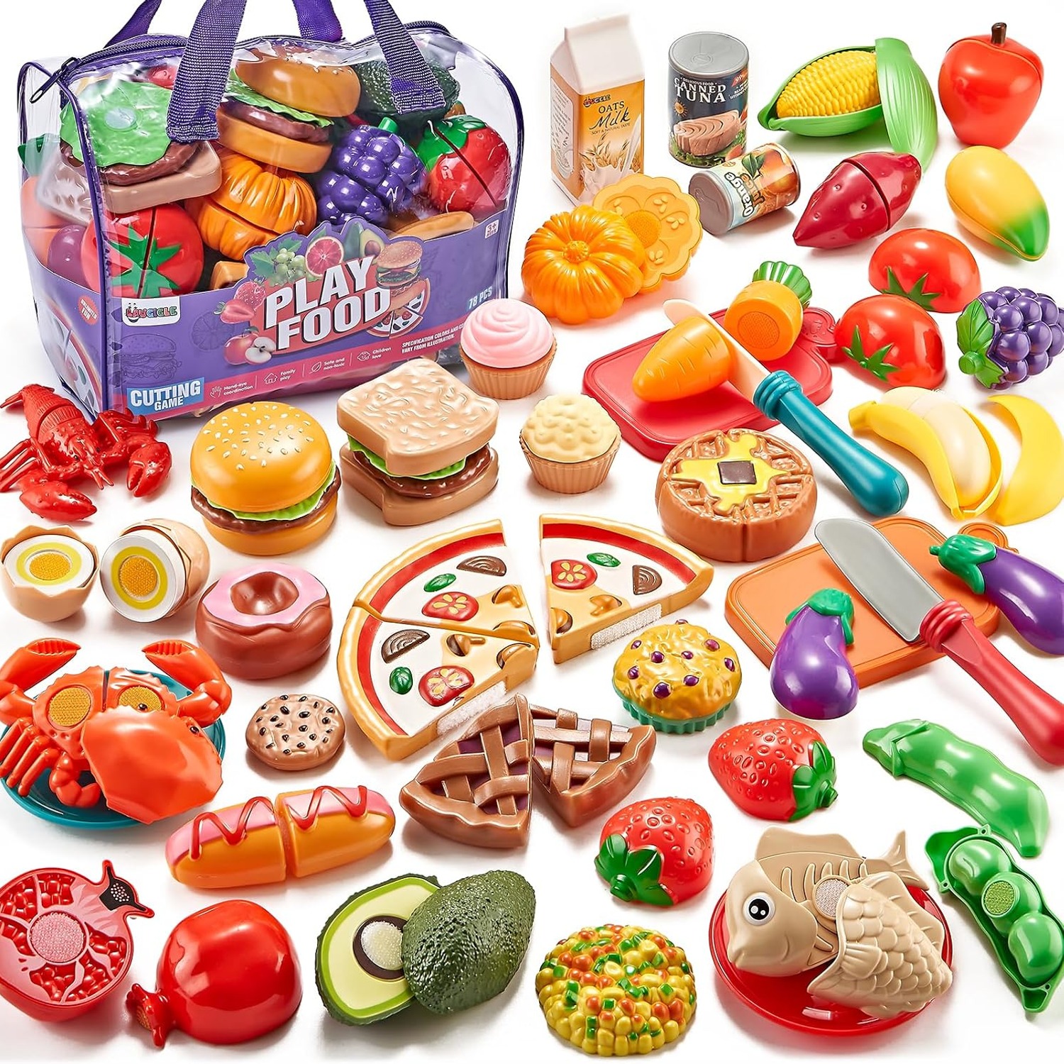 78-Piece Play Food Set with Cutting Fruit, Veg and Storage Bag