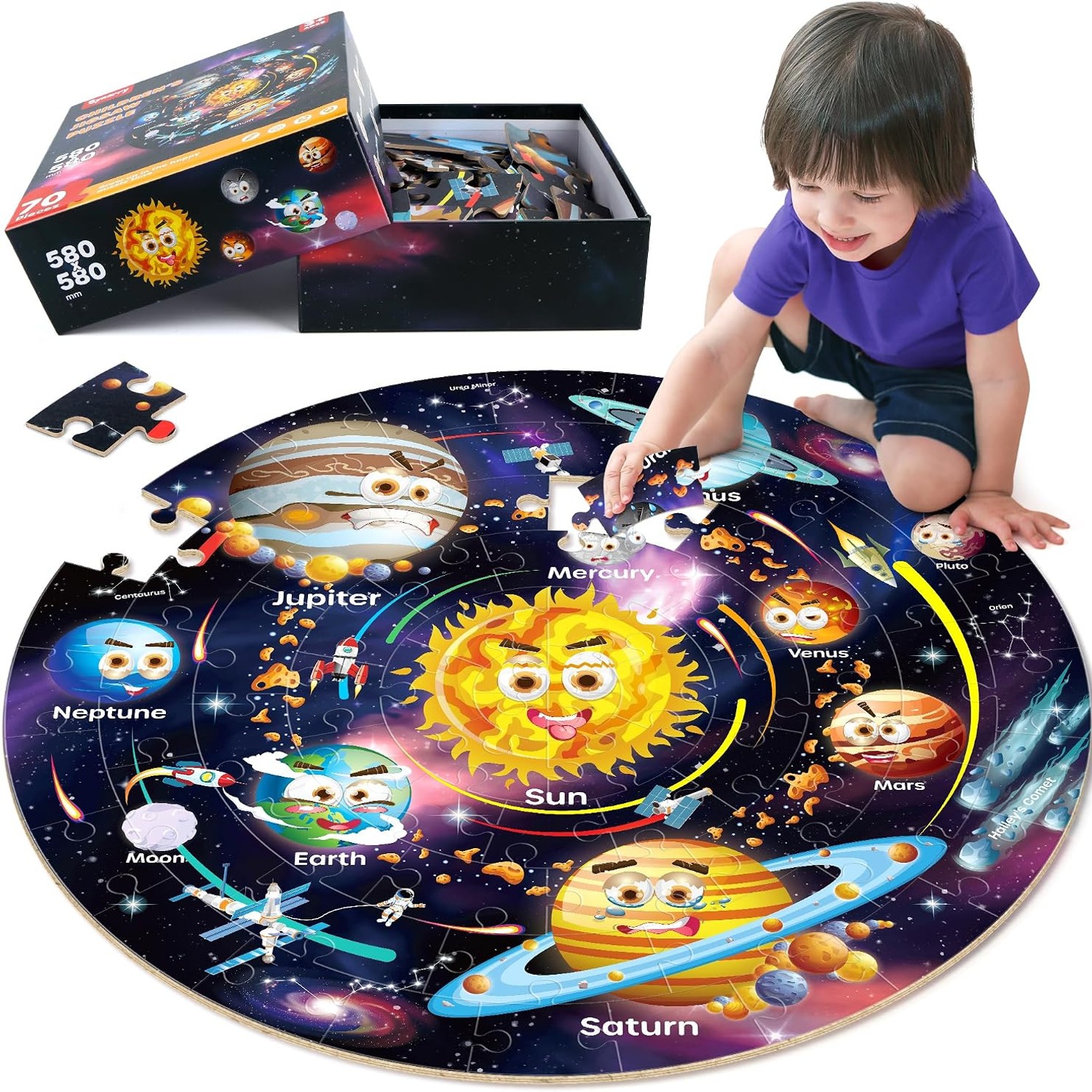 Solar System Floor Puzzle, 70 Piece Round Space Jigsaw for Kids