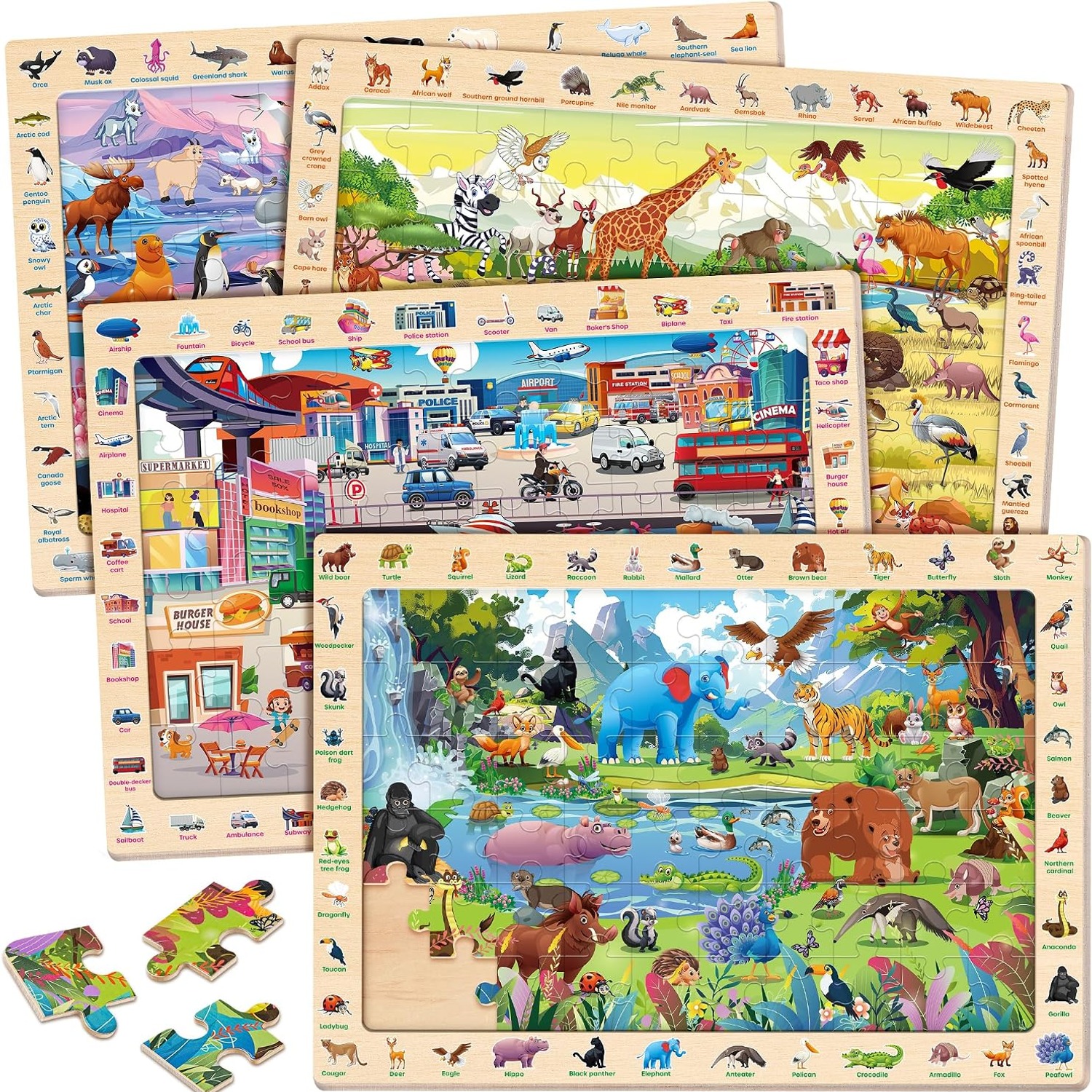 Wooden Animal Puzzles 4 Pack, 60 Pieces Each
