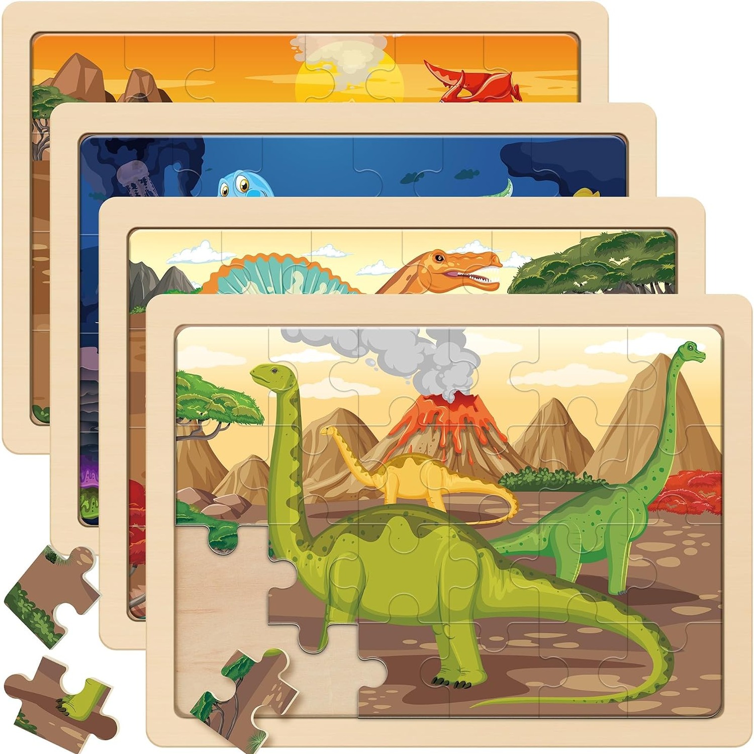 Wooden Dinosaur Puzzles 4-Pack with Storage Tray