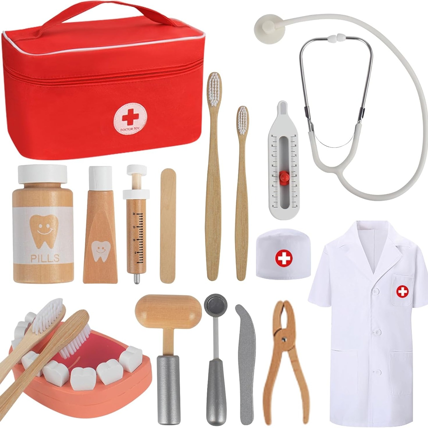 Wooden Doctor Play Set with Red Carry Bag and Coat