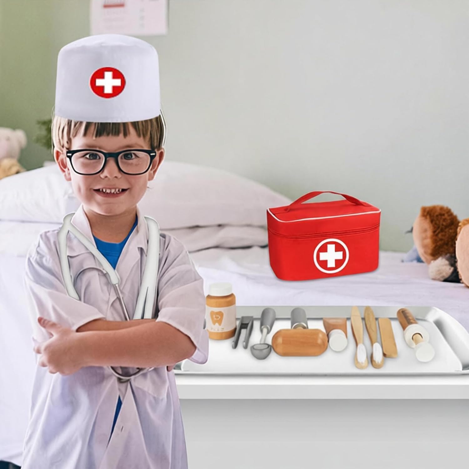 Wooden Doctor Play Set with Red Carry Bag and Coat: image 4