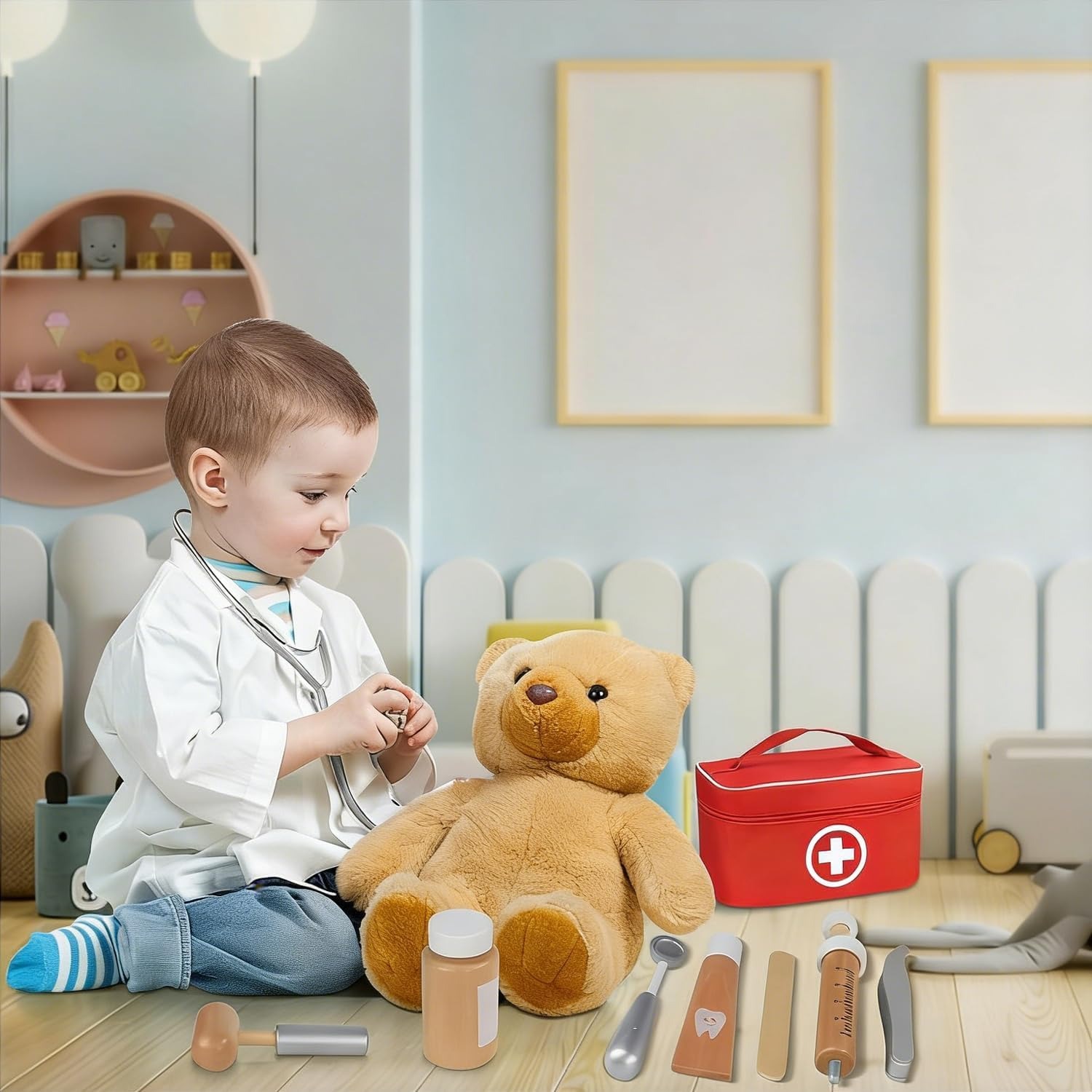 Wooden Doctor Play Set with Red Carry Bag and Coat: image 6