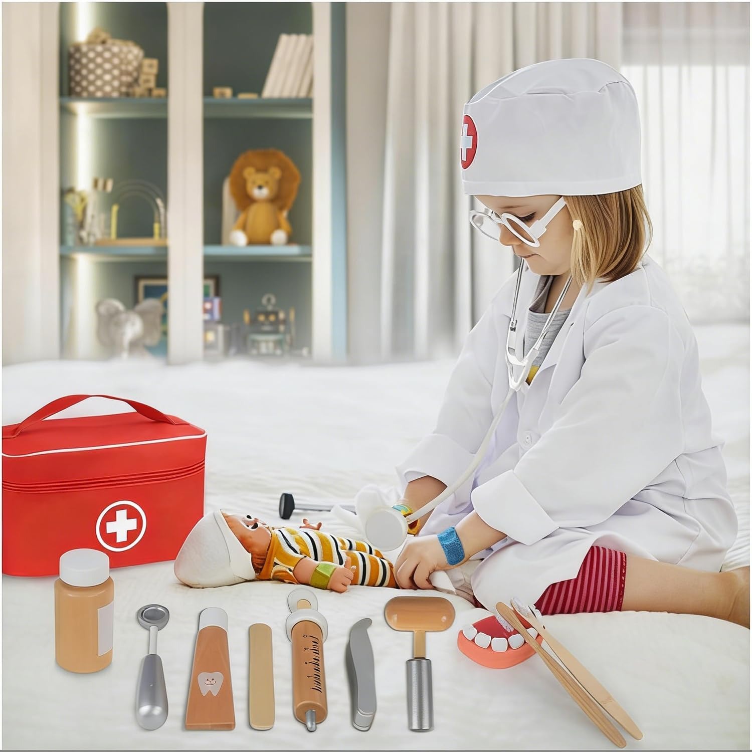 Wooden Doctor Play Set with Red Carry Bag and Coat: image 7