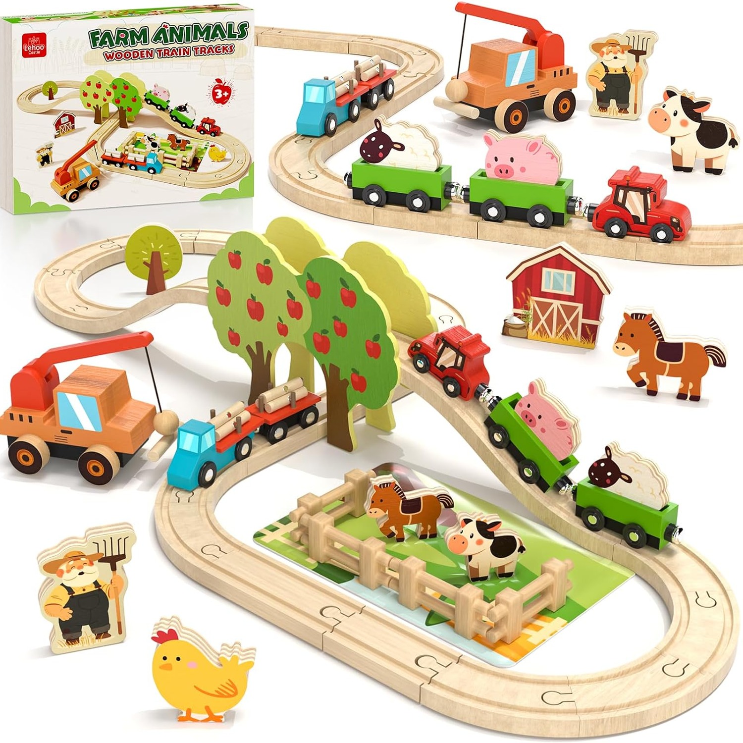 Wooden Farm Train Set with Magnetic Crane and Animal Figures