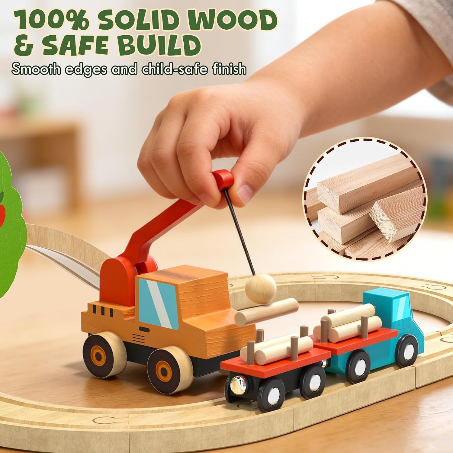 Wooden Farm Train Set with Magnetic Crane and Animal Figures
