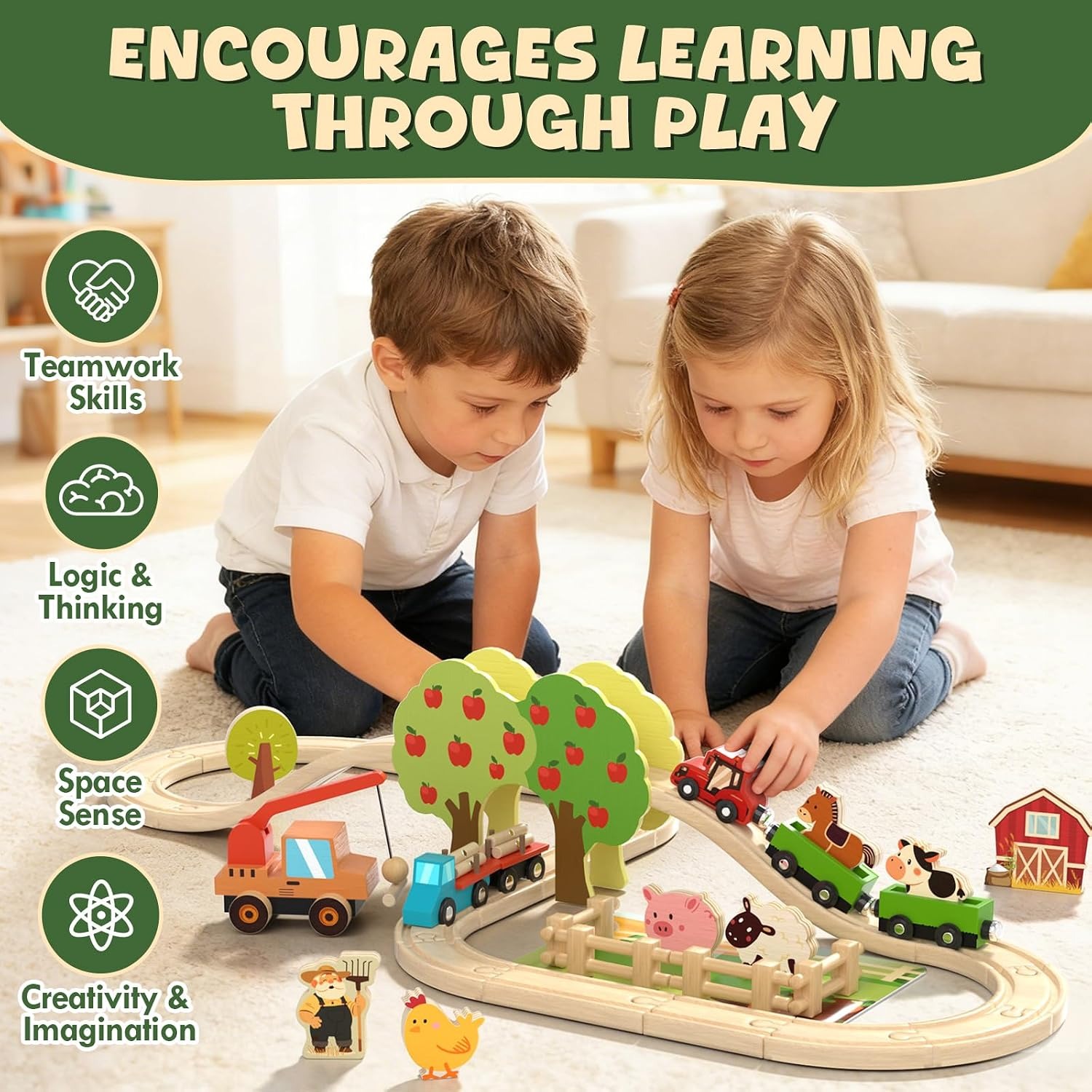 Wooden Farm Train Set with Magnetic Crane and Animal Figures