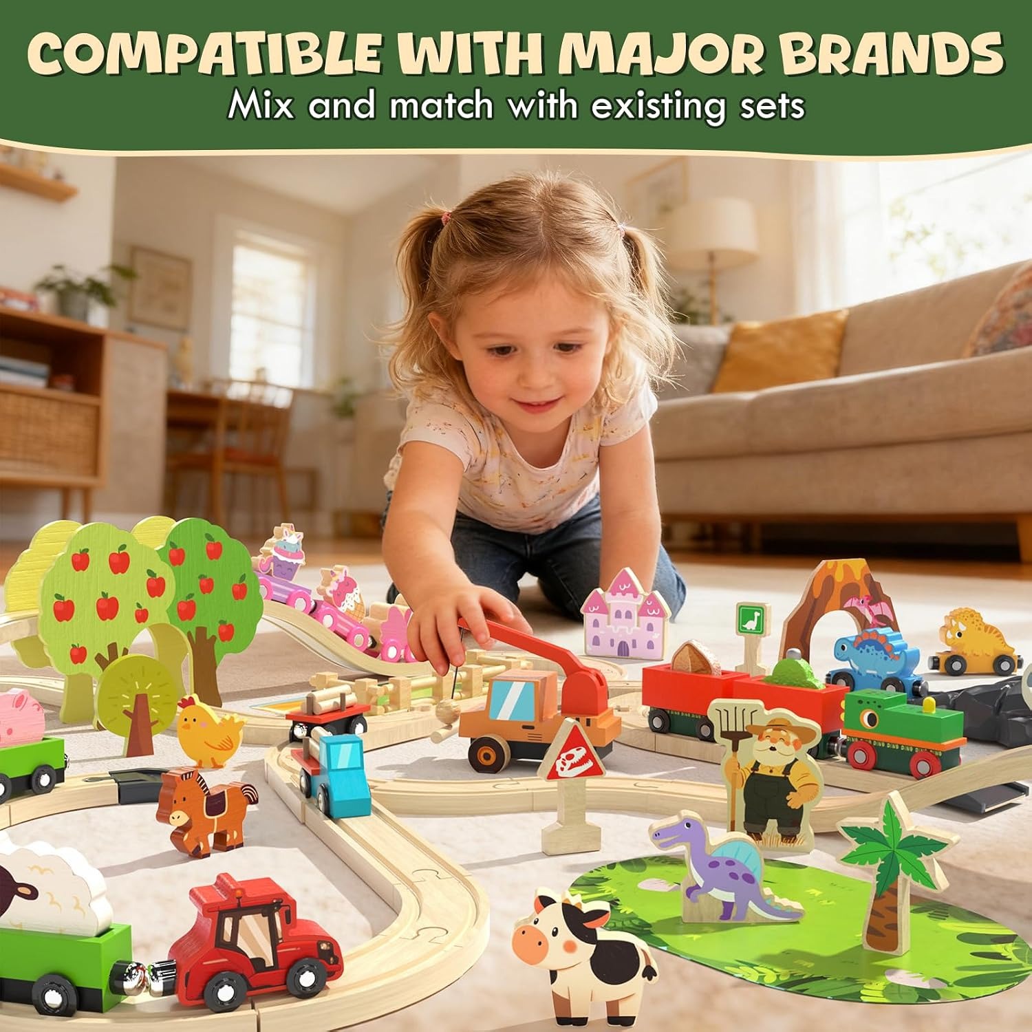 Wooden Farm Train Set with Magnetic Crane and Animal Figures