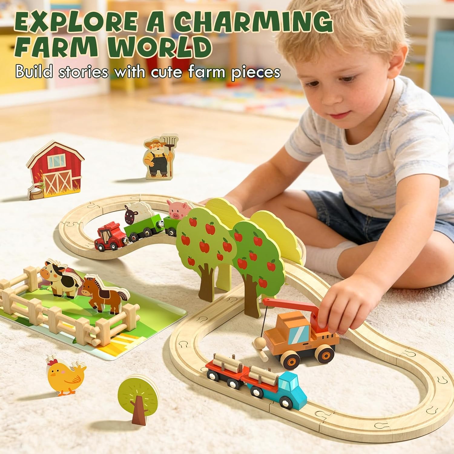 Wooden Farm Train Set with Magnetic Crane and Animal Figures